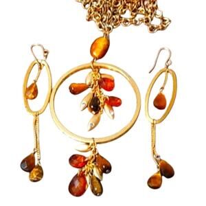 Vintage Dangling Tiger Eye's & Circles Necklace & Earrings Set